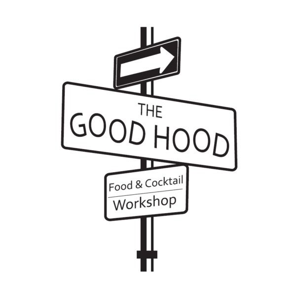 The Good Hood logo featuring a street lampost with 2 signs, a wrrows at the top, Good Hood in the middle and Food and Cocktail Workshop at the bottom